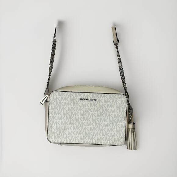 Michael Kors Jet Set MD Camera Crossbody Bag Bright White Logo Leather Chain - Picture 1 of 14